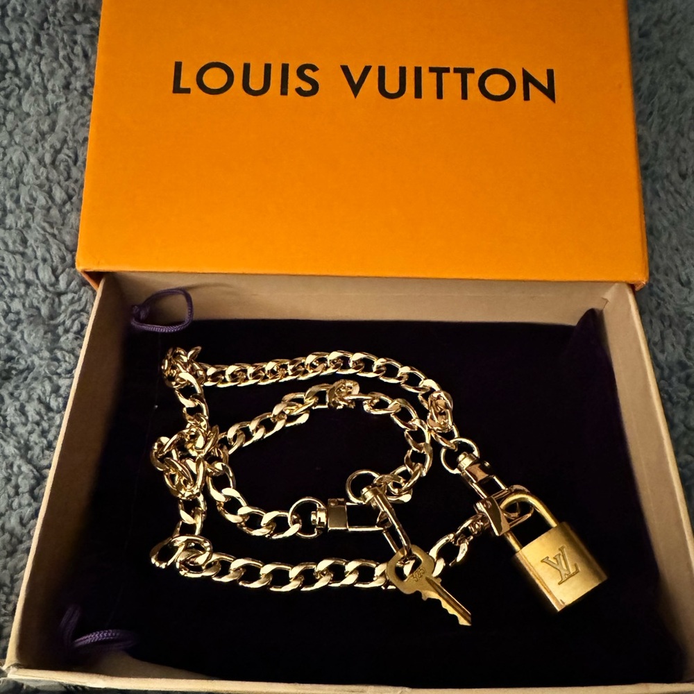 LV  Brass Padlock set Lock & Key with Chains/unbranded chains and a LV Box